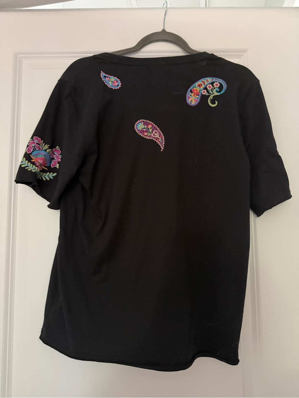 Johnny Was Black V-Neck Tee with Bright Multicolor Floral Embroidery - Picture 2 of 5